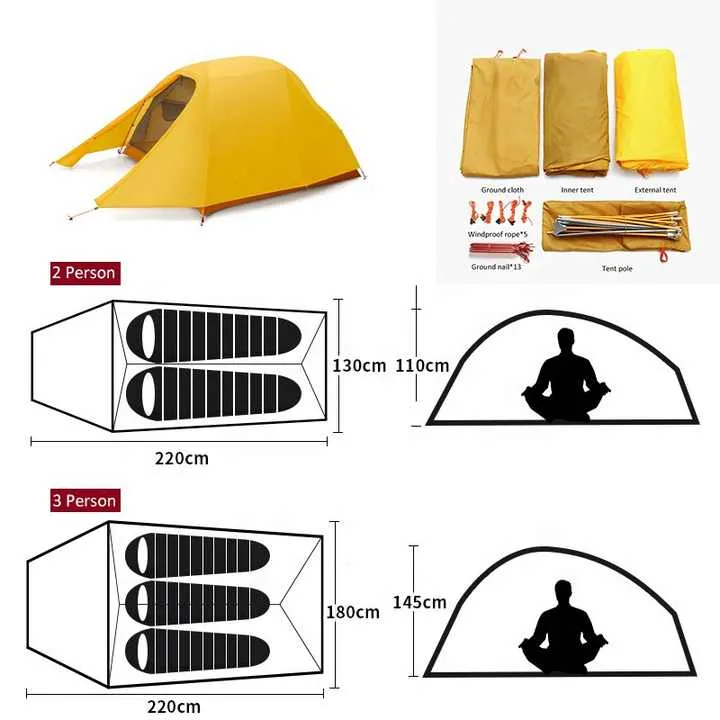 2 Person Double Layer Aluminium Pole Tent Outdoor Waterproof Ultralight Trekking Tent 2-3 Person خيمة خارجية خفيفة الوزن مقاومة للماء من الألومنيوم مزدوجة الطبقات لشخصين للمشي لمسافات طويلة من 2 إلى 3 أشخاص
