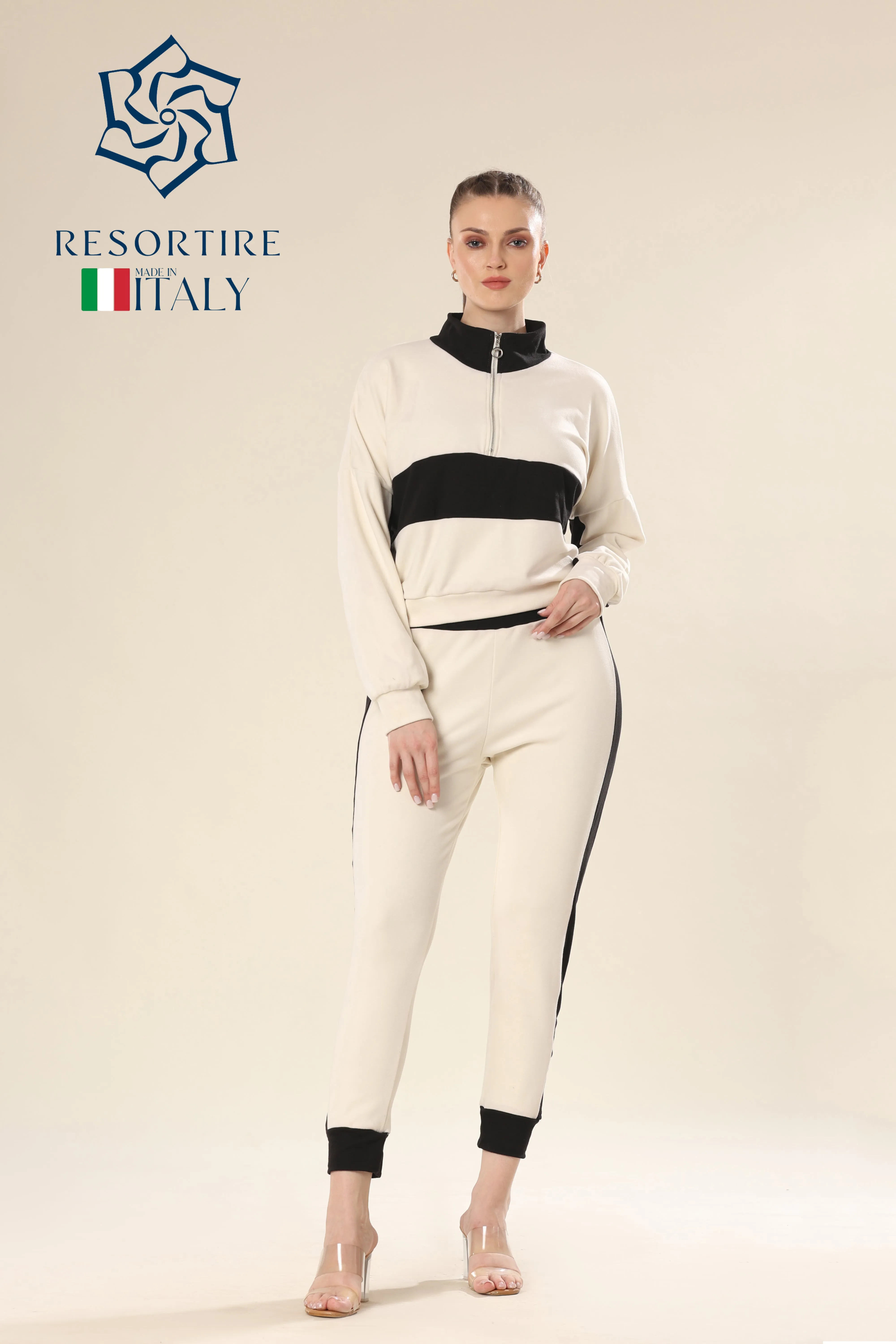 Dynamic Stripes In Black & Beige Track Suit