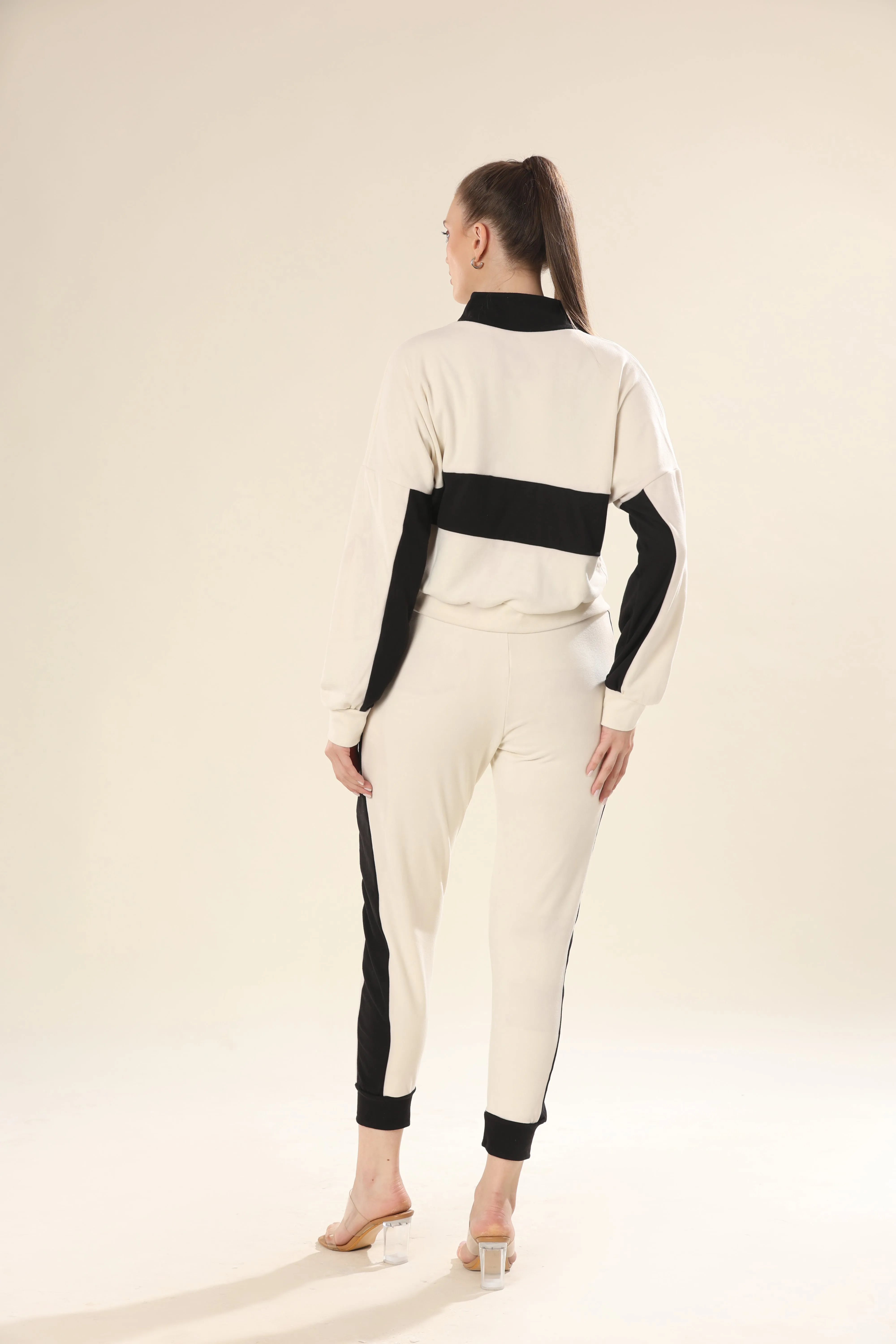 Dynamic Stripes In Black & Beige Track Suit