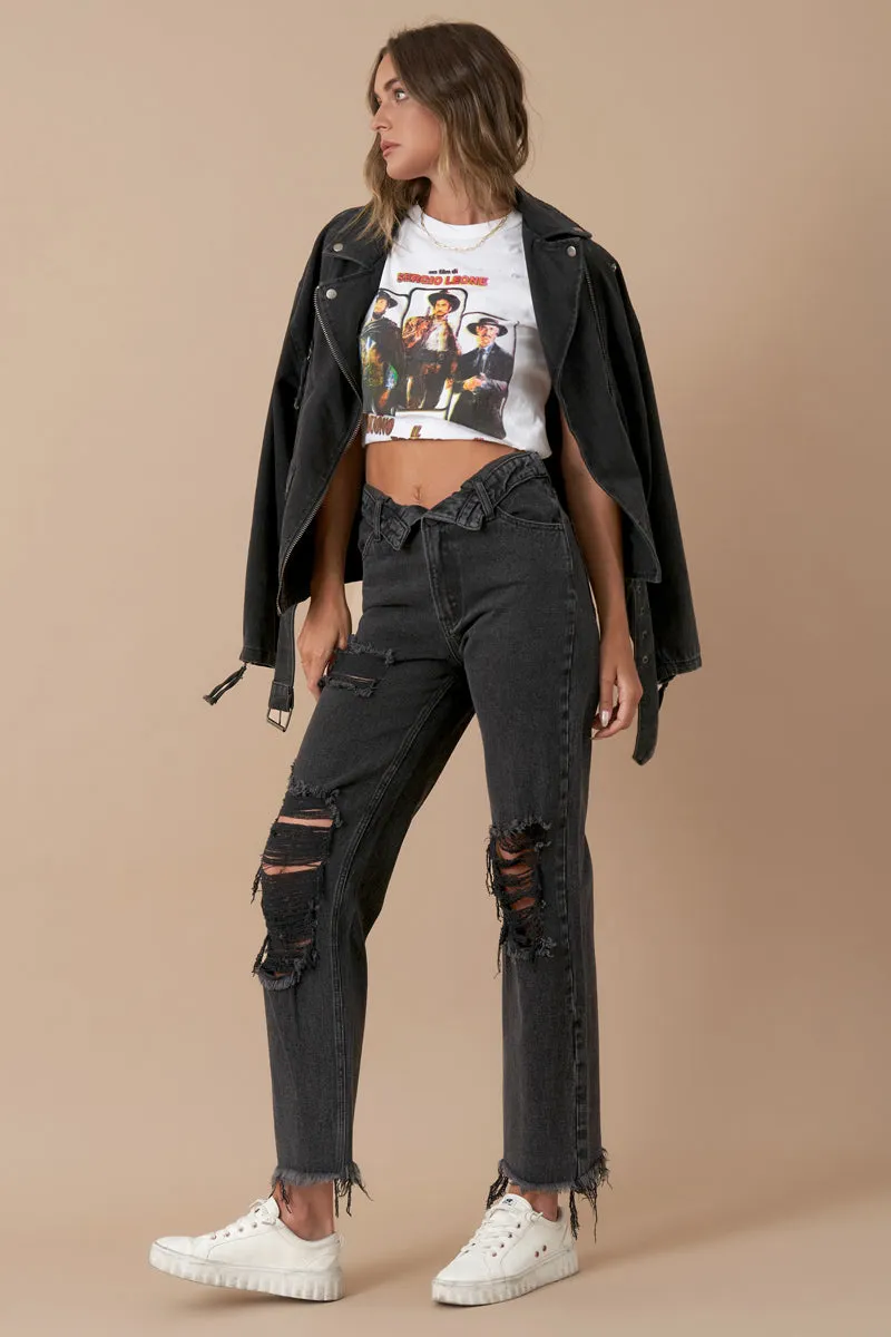 Flipped Waistband Straight Distressed Jeans
