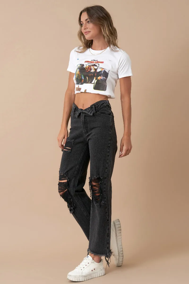 Flipped Waistband Straight Distressed Jeans