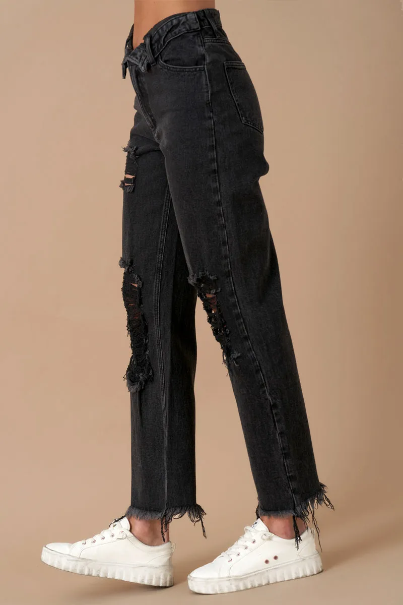 Flipped Waistband Straight Distressed Jeans