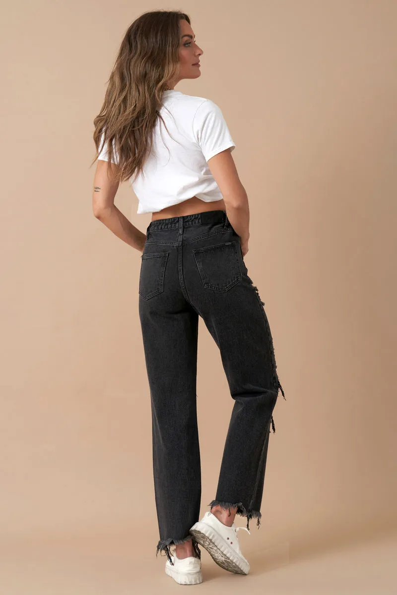Flipped Waistband Straight Distressed Jeans