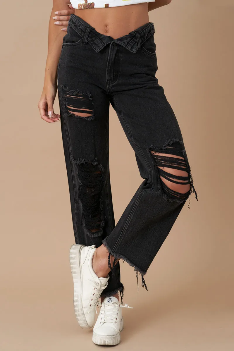 Flipped Waistband Straight Distressed Jeans
