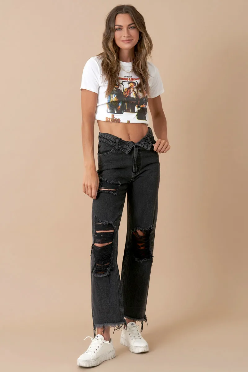 Flipped Waistband Straight Distressed Jeans