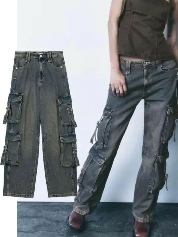 Gray Womens Denim Cargo Long Pants for a Vintage Casual Street Look