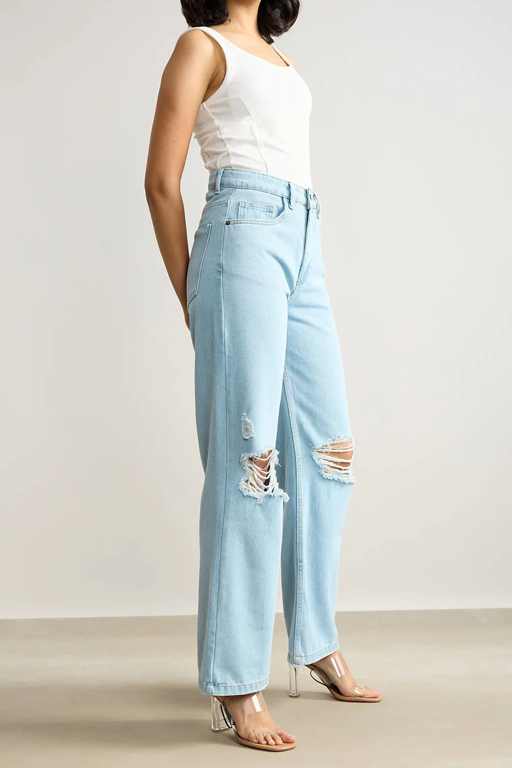 High Waisted Distressed Light Blue Jeans