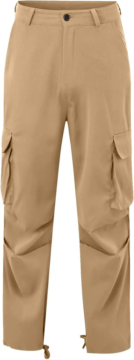 Mens Casual Cargo Pants Pleated Elastic Waist Drawstring Stretch Relaxed Fit Work Pants with Multi-Pocket