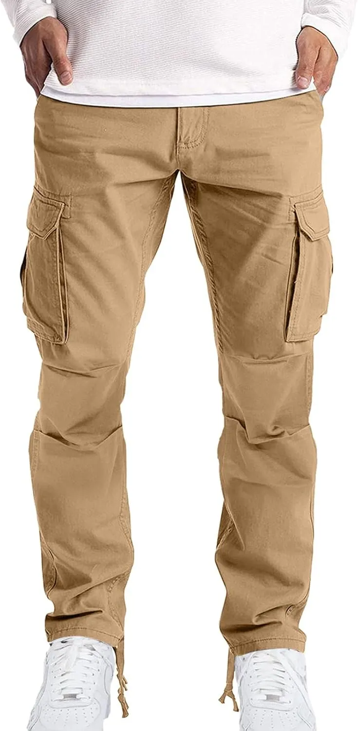 Mens Casual Cargo Pants Pleated Elastic Waist Drawstring Stretch Relaxed Fit Work Pants with Multi-Pocket