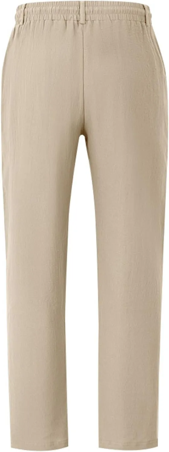Mens Linen Pants Fashion Simple Drawstring Waist Pants Wide Leg Yoga Trouser Outdoor Breathable Comfy Travel Trousers