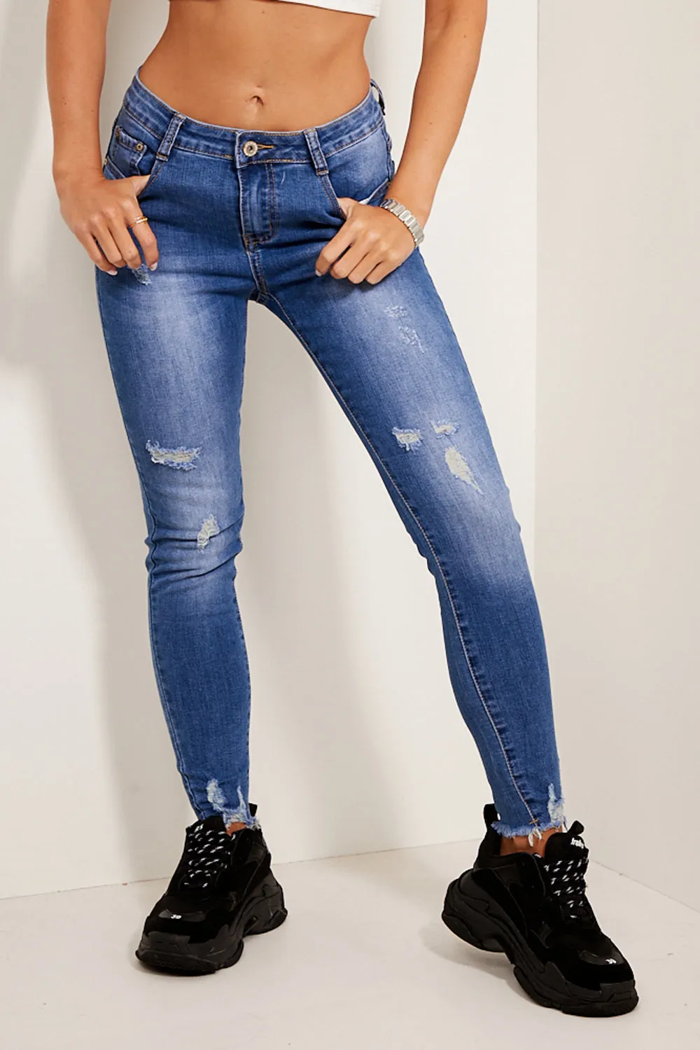 Mid Blue Wash Distressed Fray Hem Jeans