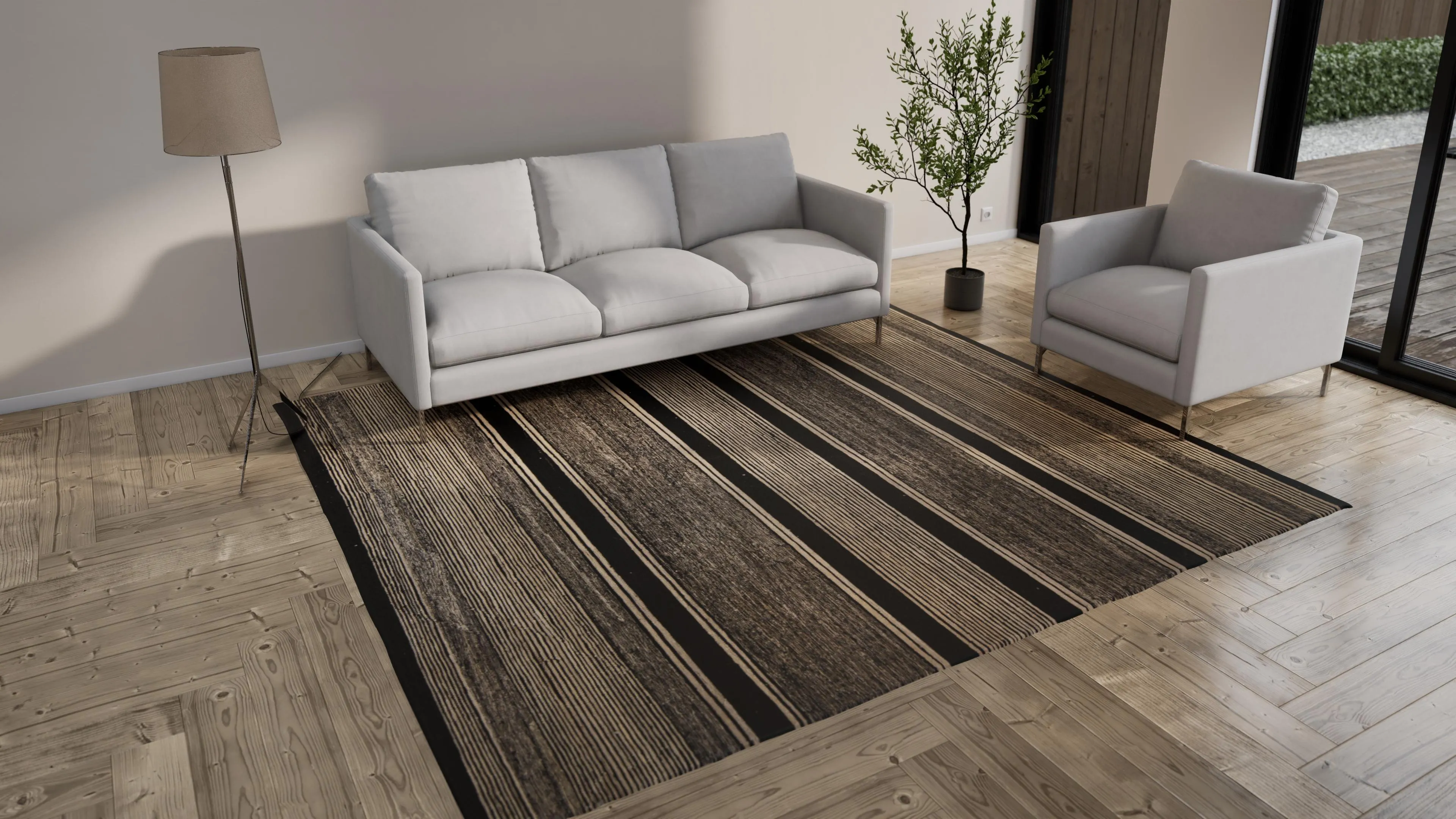 Natural & Black Modern Wool Kilim - 8'11" x 9'10"