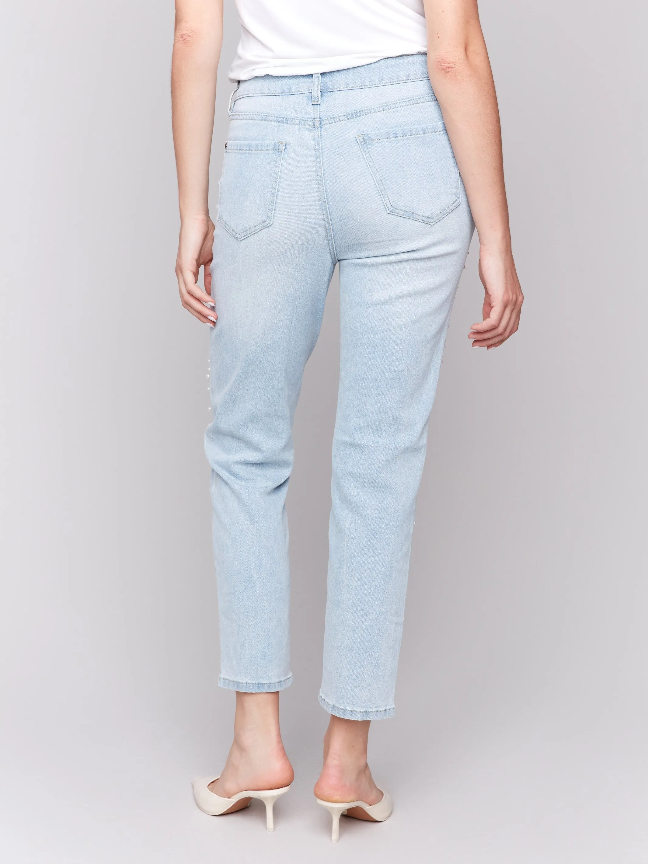Pearl Appliqué Slim Leg Jeans with Distressed Detail - Light Blue