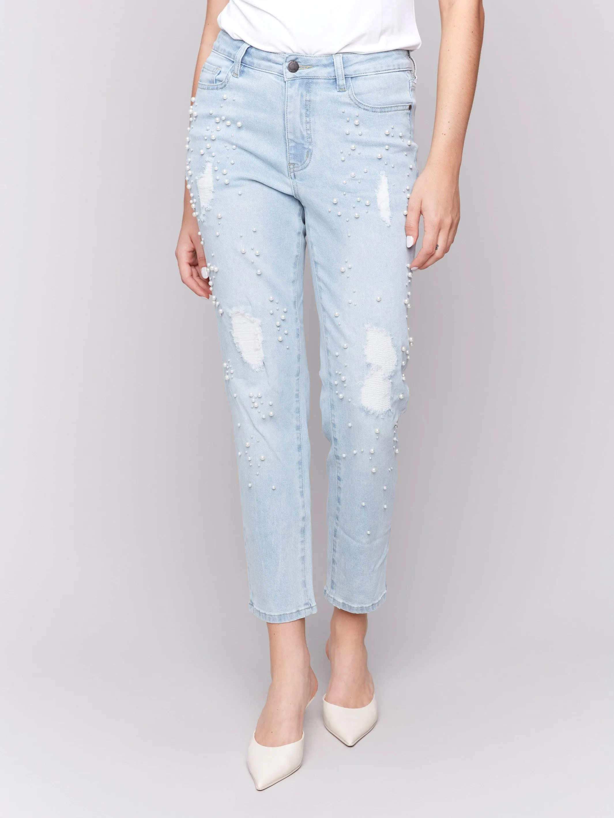 Pearl Appliqué Slim Leg Jeans with Distressed Detail - Light Blue