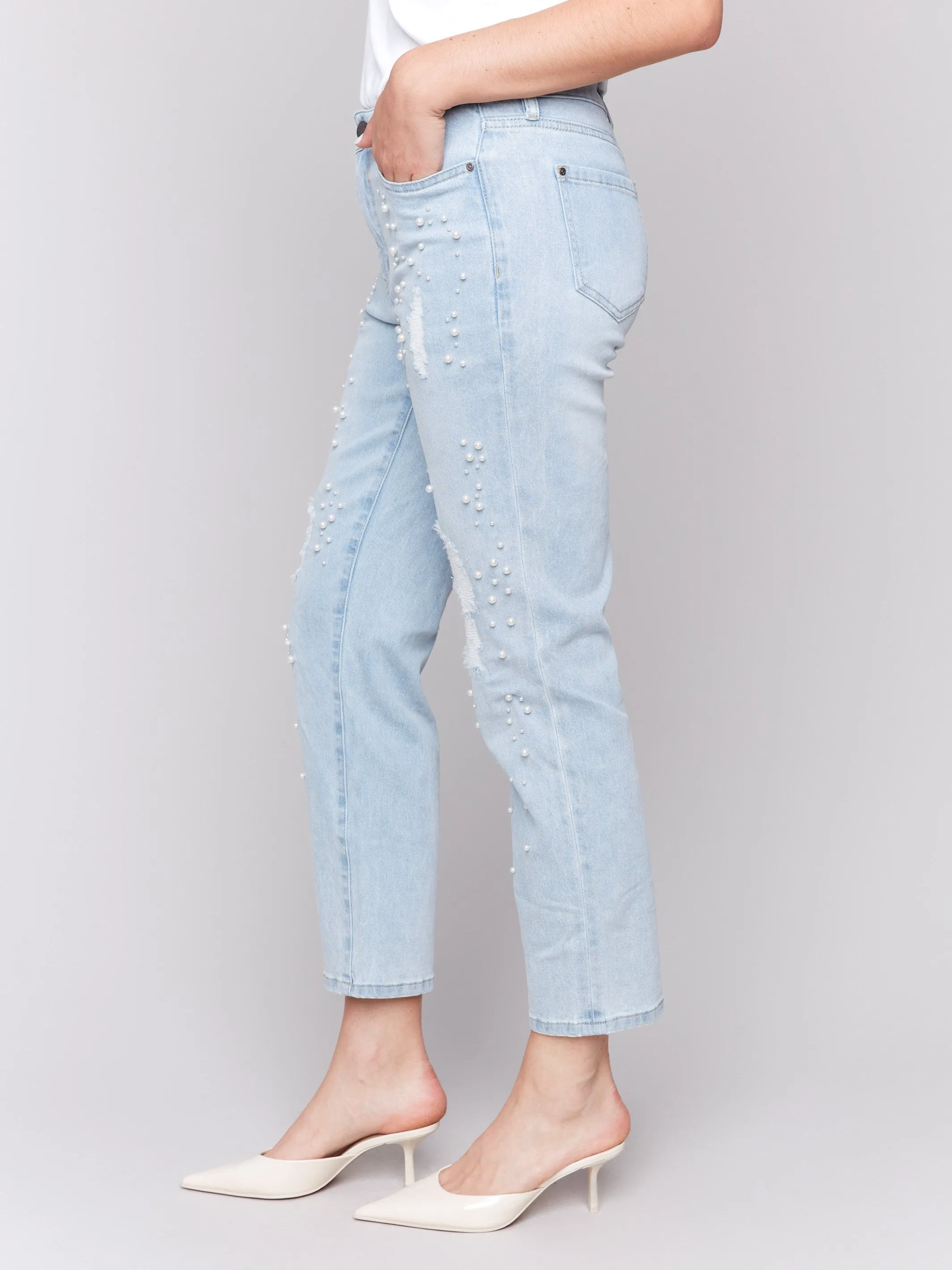 Pearl Appliqué Slim Leg Jeans with Distressed Detail - Light Blue