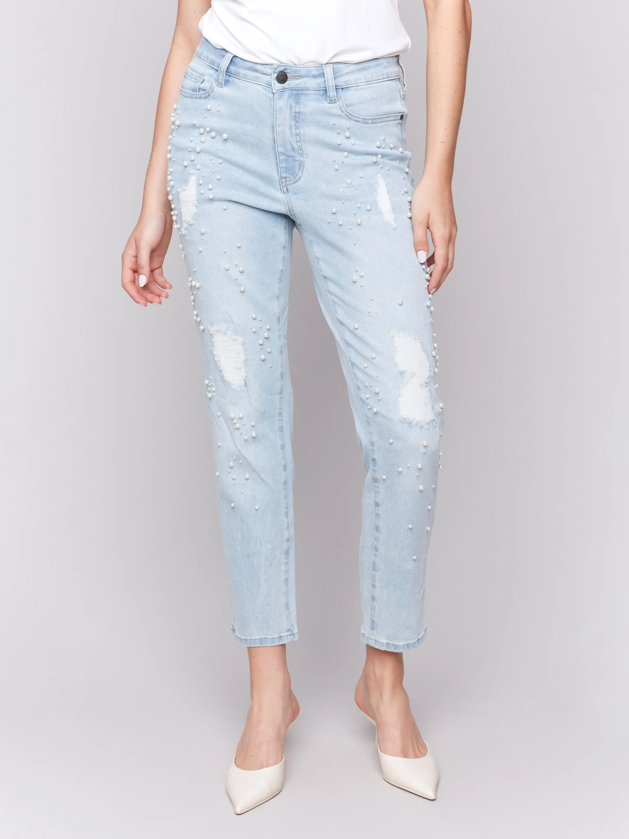 Pearl Appliqué Slim Leg Jeans with Distressed Detail - Light Blue