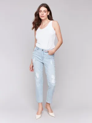 Pearl Appliqué Slim Leg Jeans with Distressed Detail - Light Blue