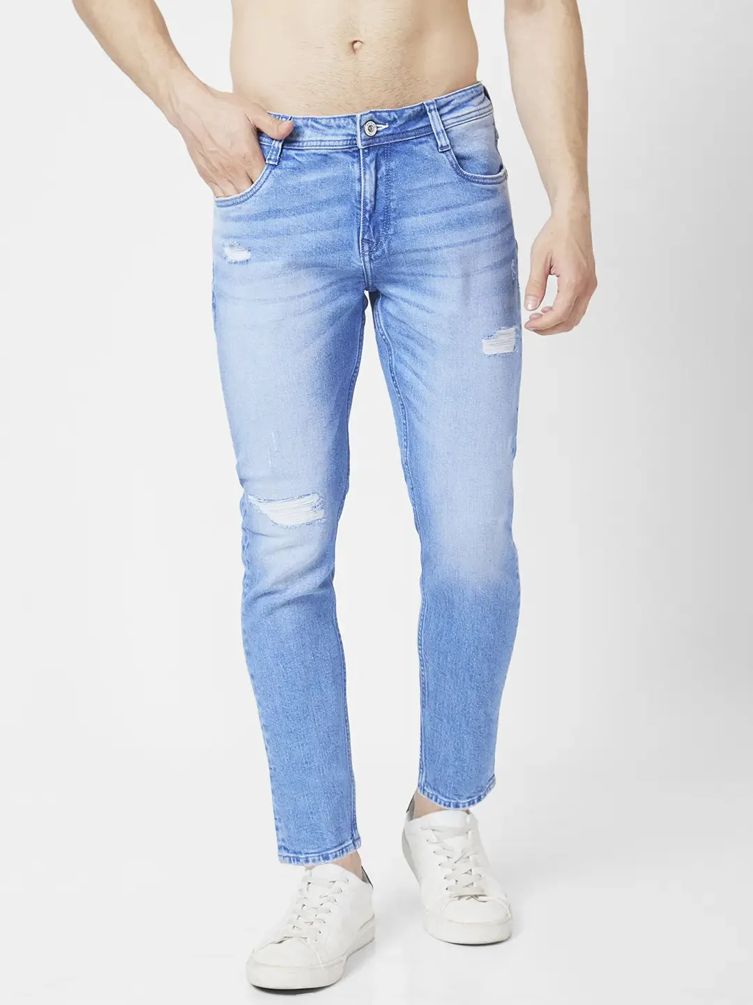 Spykar Men Light Blue Cotton Slim Fit Tapered Length Mild Distressed Mid Rise Jeans (Kano)