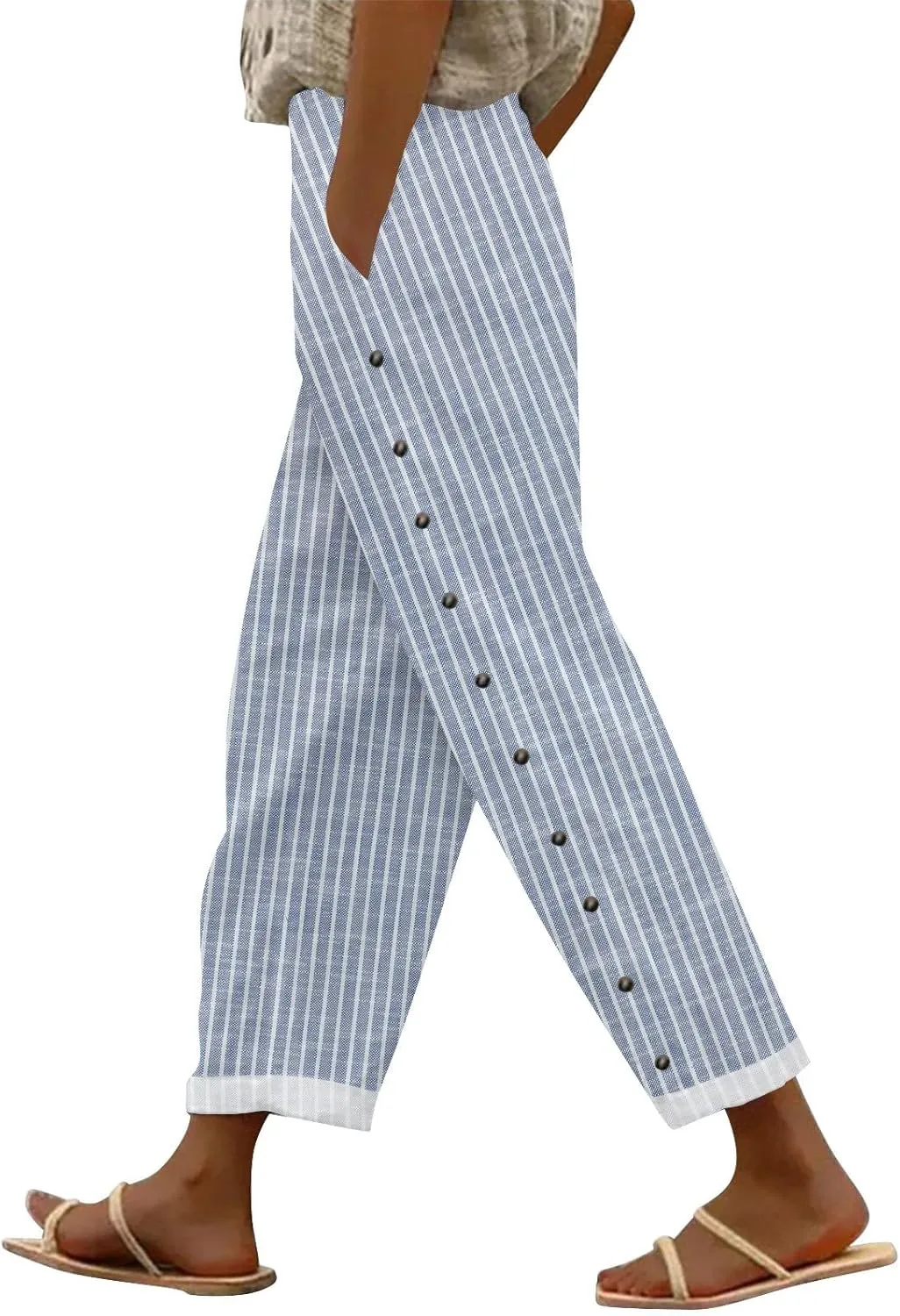 Women's Summer Casual Linen Pants Trousers Side Cropped Pants Loose Casual Printed Petite Summer Beachwear