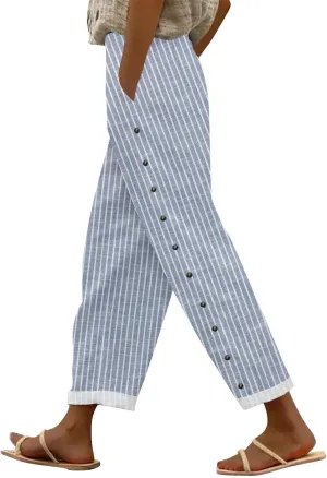 Women's Summer Casual Linen Pants Trousers Side Cropped Pants Loose Casual Printed Petite Summer Beachwear